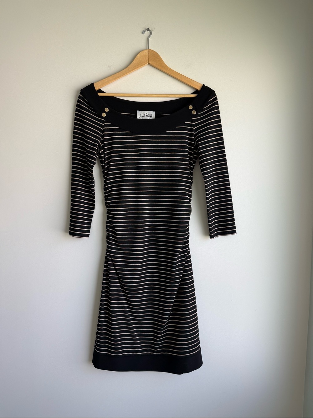 Joseph Ribkoff Striped Boat Neck Dress Size 4 Black Beige Ruched Midi